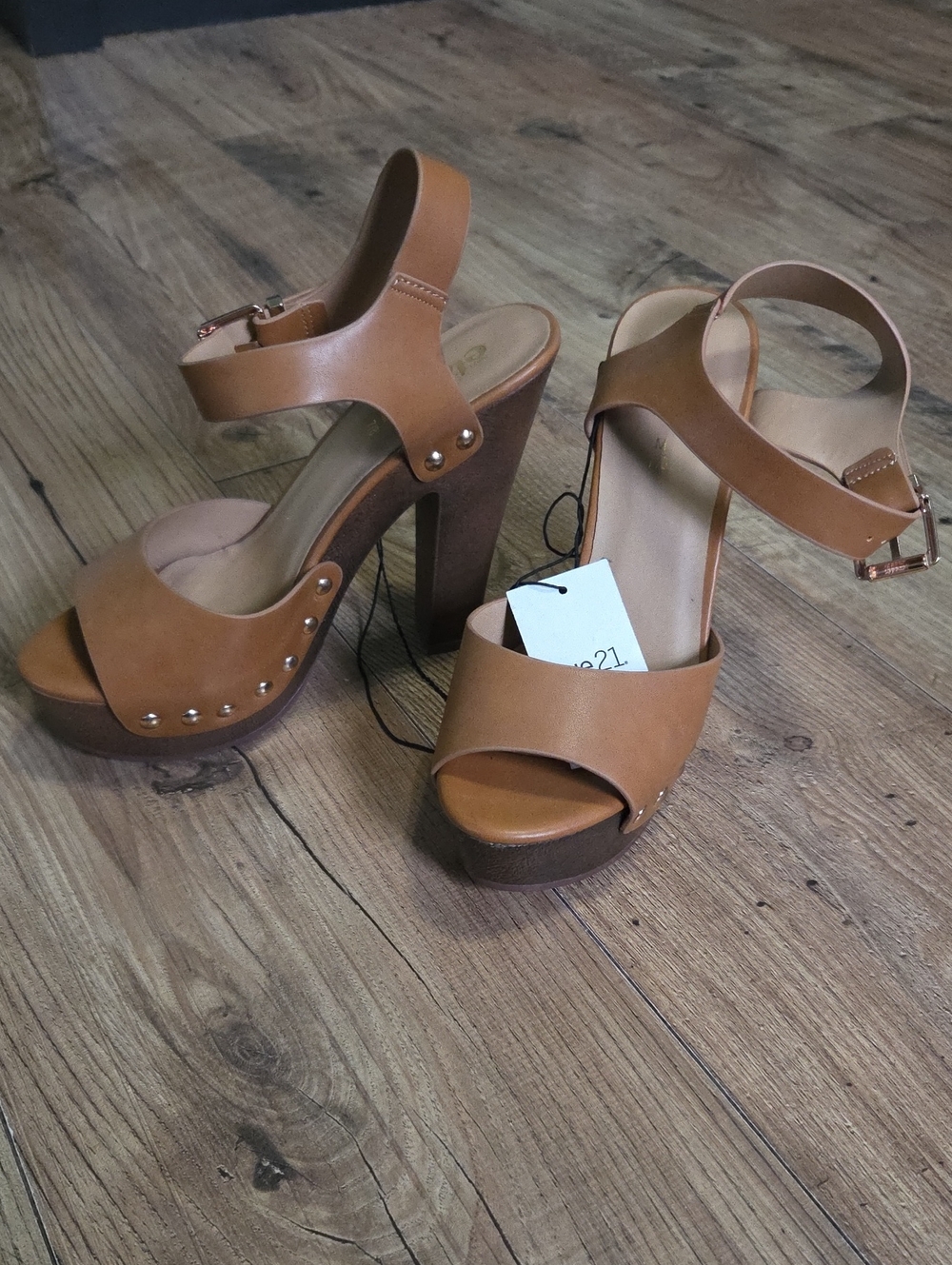 Rue21 | Tan Platform Sandal Heels with Ankle Strap and Stud Accents